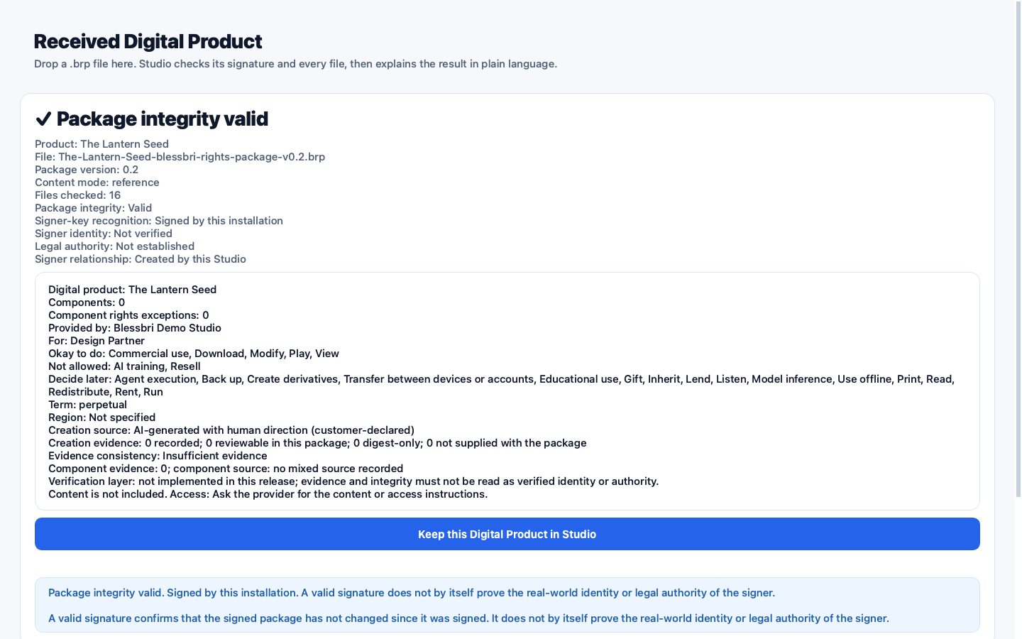 Blessbri Studio RC3.24 inspecting the exported signed rights package